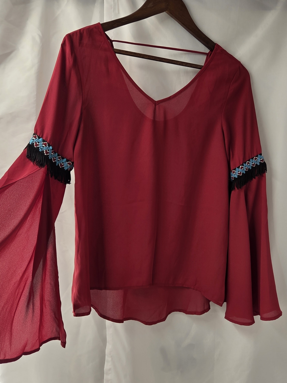 Red Bell Sleeve Blouse Fringe Tribal Aztec Trim Coquette Whimsigoth Western S